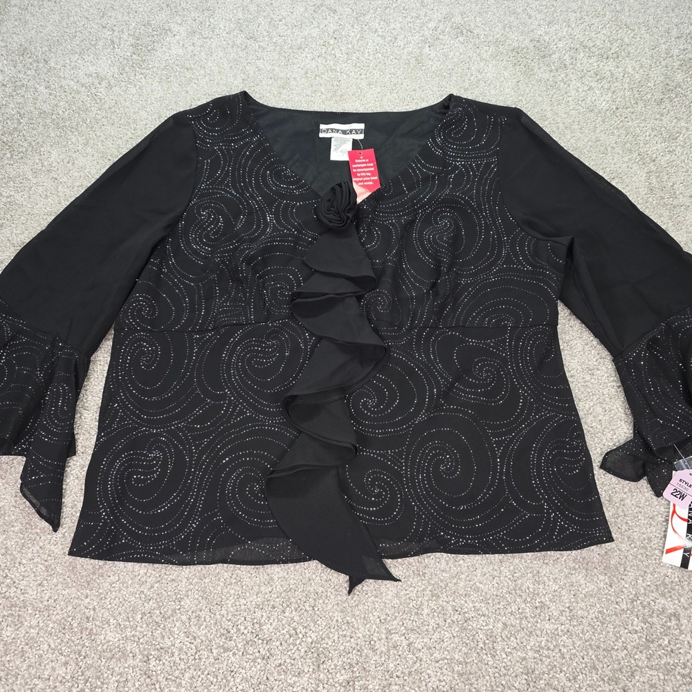 Dana Kay Womens 22W Black Glitter Swirl Ruffle V-Neck Evening Blouse 15530 NWT